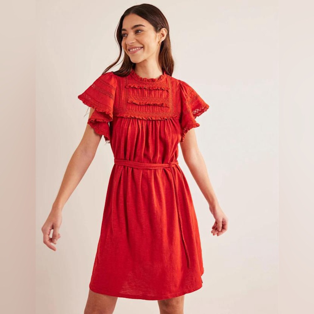 Boden Ruffle Trim Detail Jersey Mini Dress Tomato Red Cotton Blend High Neck 10R